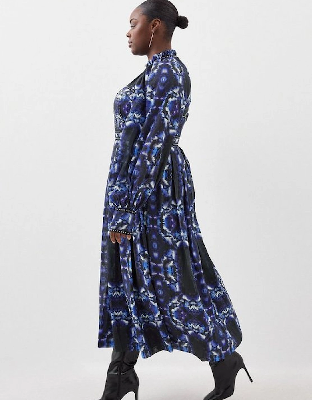 Plus Size Silk Cotton Border Print Woven Midi Dress