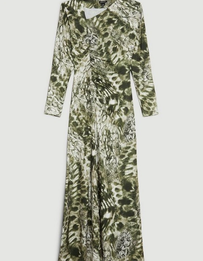 Snake Print Jersey Asymmetric Maxi Dress