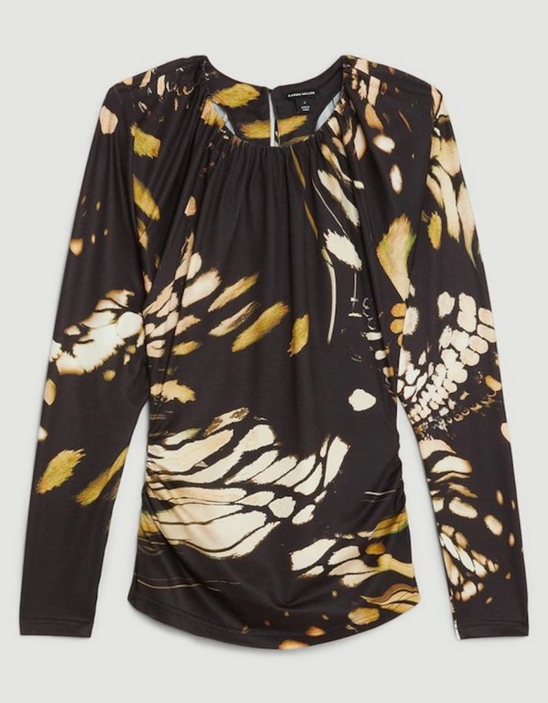 Butterfly Print Batwing Sleeve Jersey Crepe Top