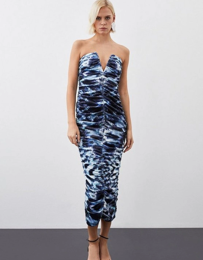 Printed Velvet Stretch Bandeau Midi Dress