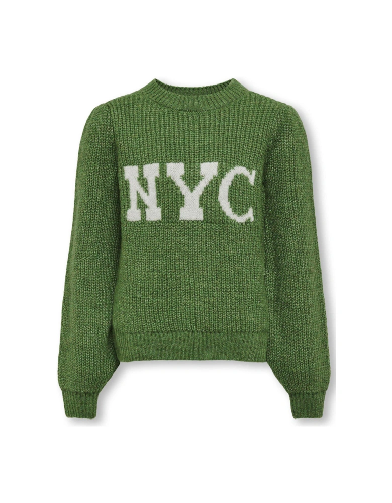 Girls NYC Slogan Knitted Jumper - Green