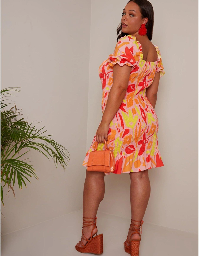 Plus Size Ruffle Shirred Abstract Print Mini Dress In Orange