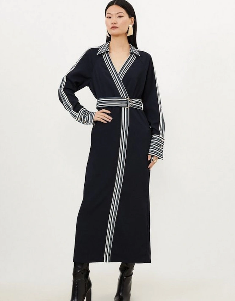 Collared Contrast Twill Woven Belted Midaxi Dress