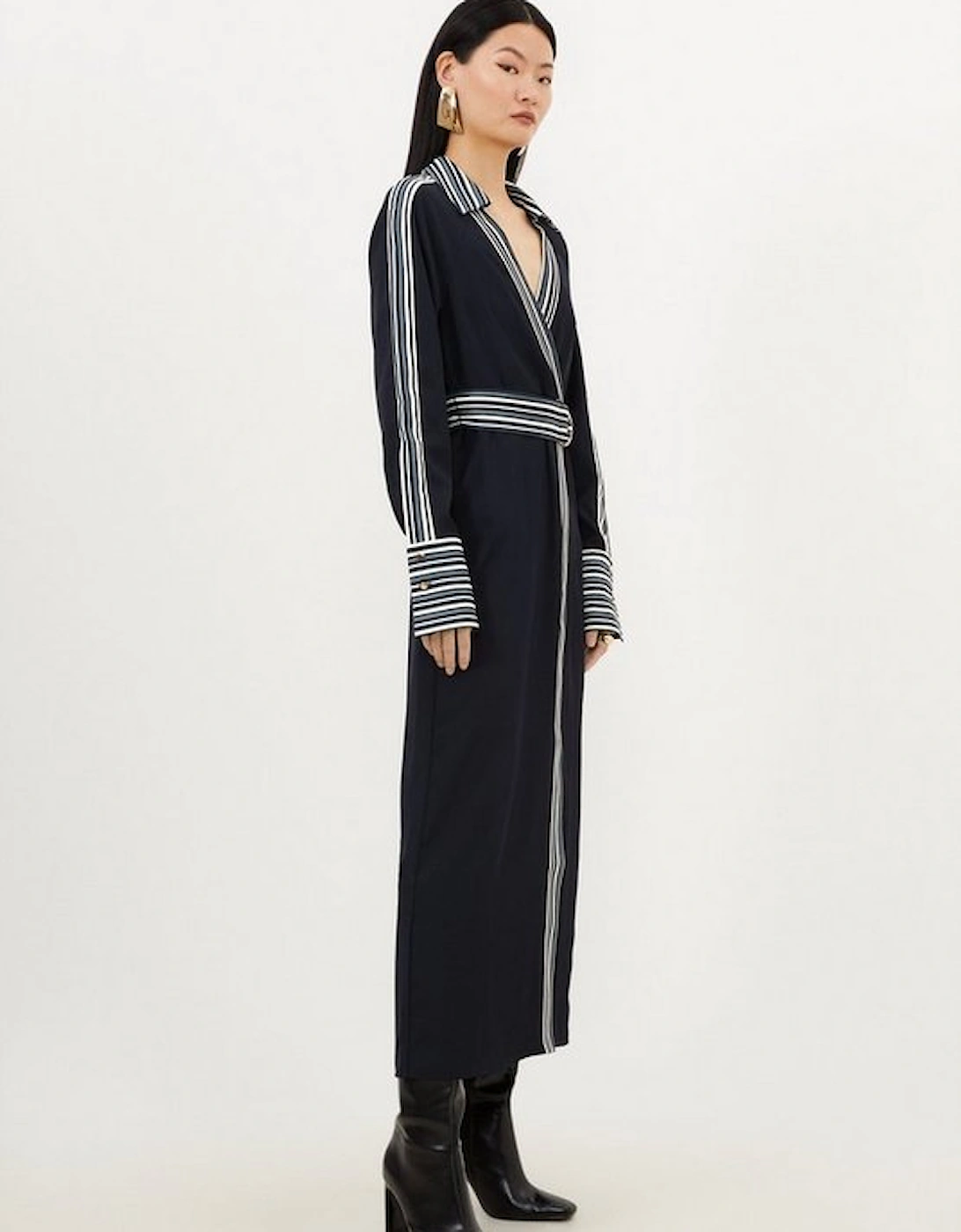 Collared Contrast Twill Woven Belted Midaxi Dress