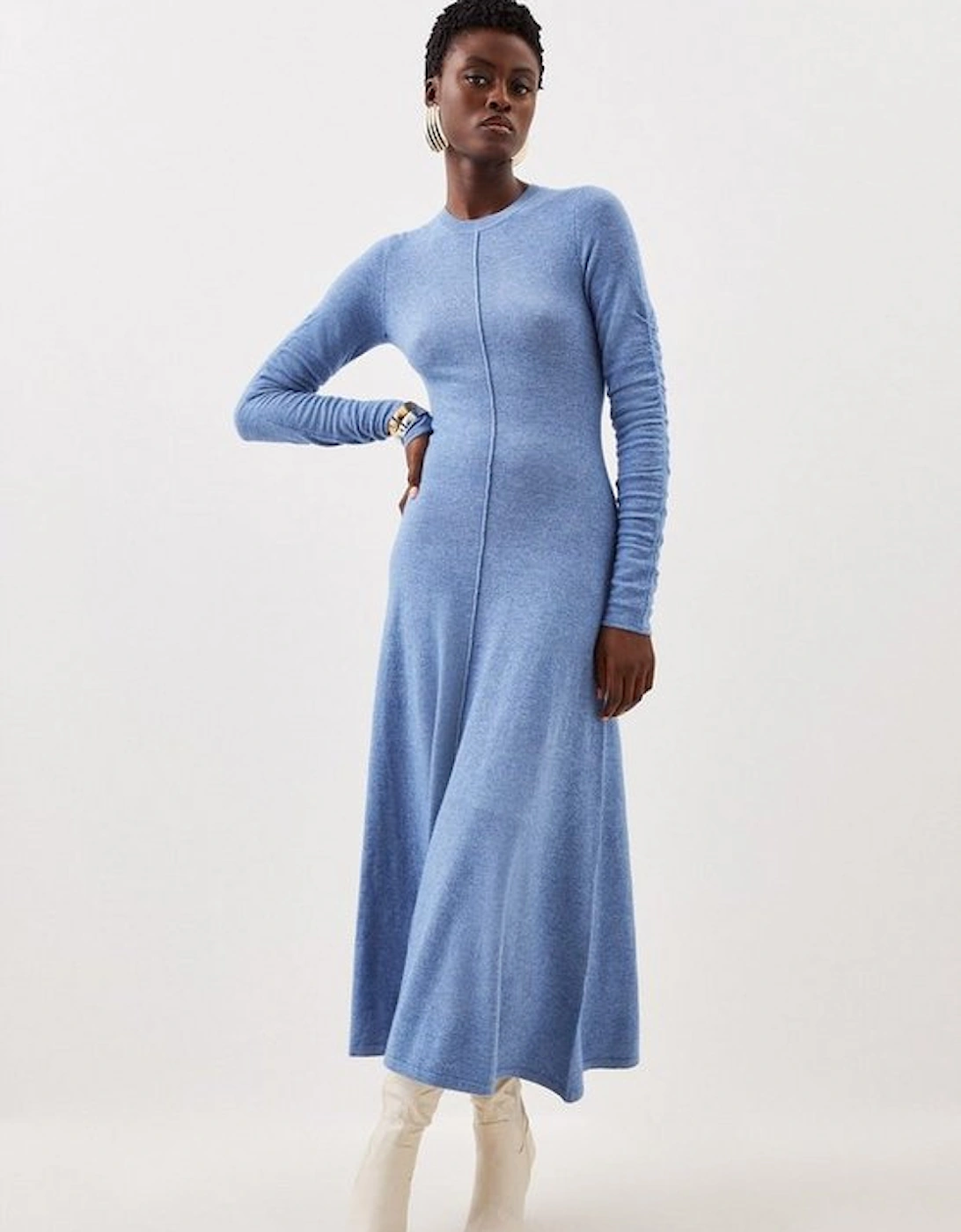 Cashmere Wool Crew Neck Ruched Sleeve Midi Dress, 5 of 4