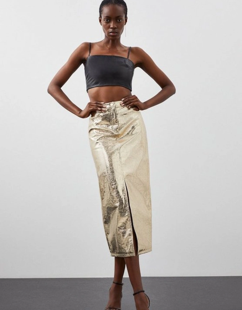 Metallic Faux Leather Midi Skirt