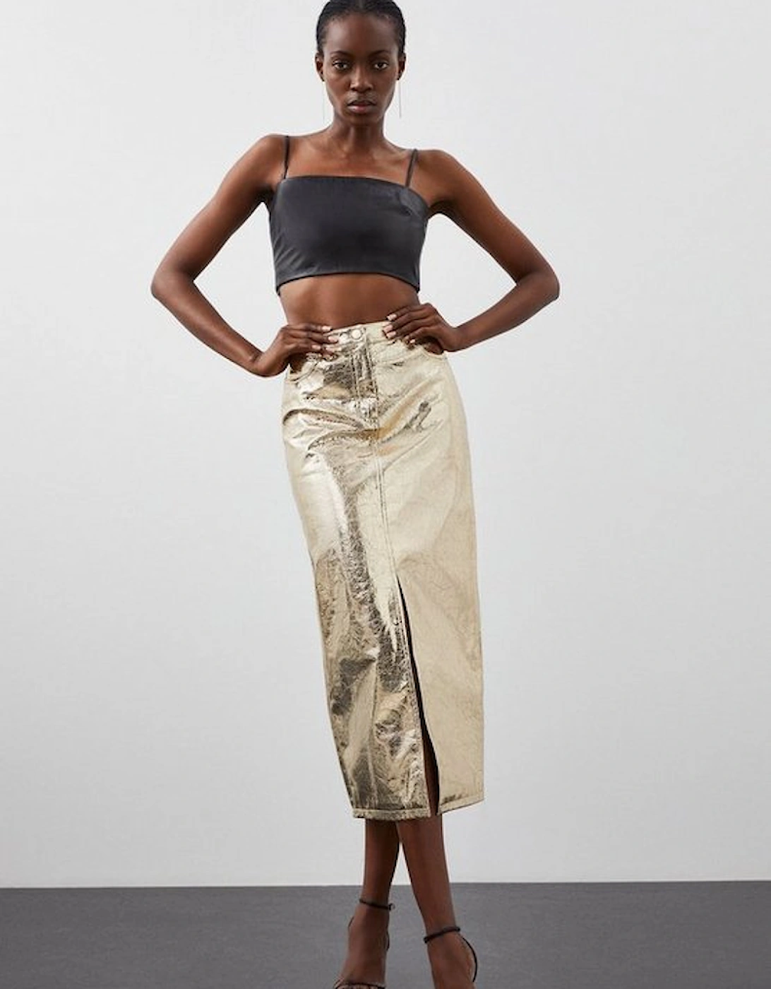 Metallic Faux Leather Midi Skirt, 2 of 1