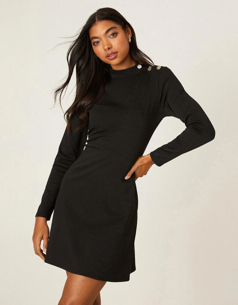 Ponte Button Shoulder Mini Dress - Black