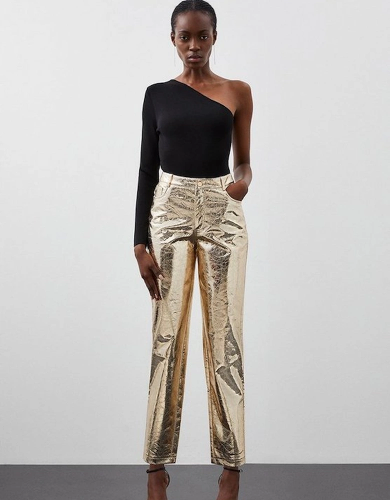 Petite Metallic Faux Leather Straight Trousers