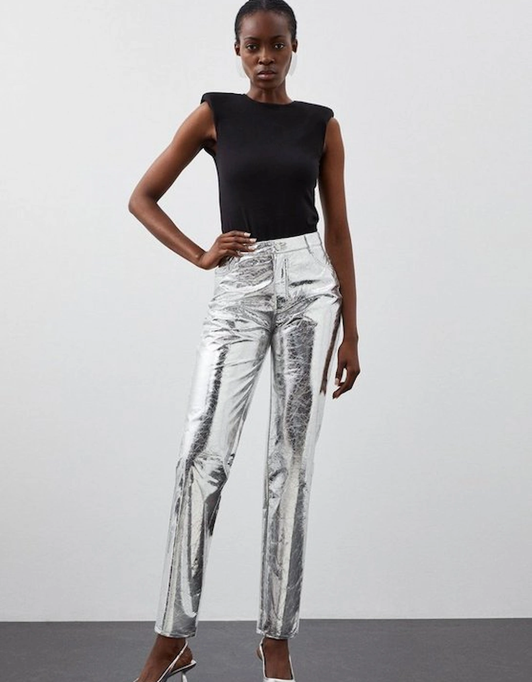 Metallic Faux Leather Straight Trousers, 5 of 4