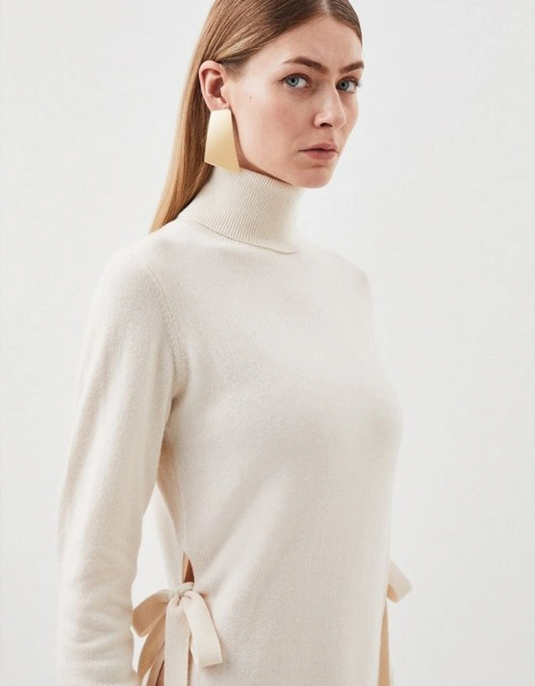Petite Cashmere Wool Funnel Neck Bow Detail Knit Tunic