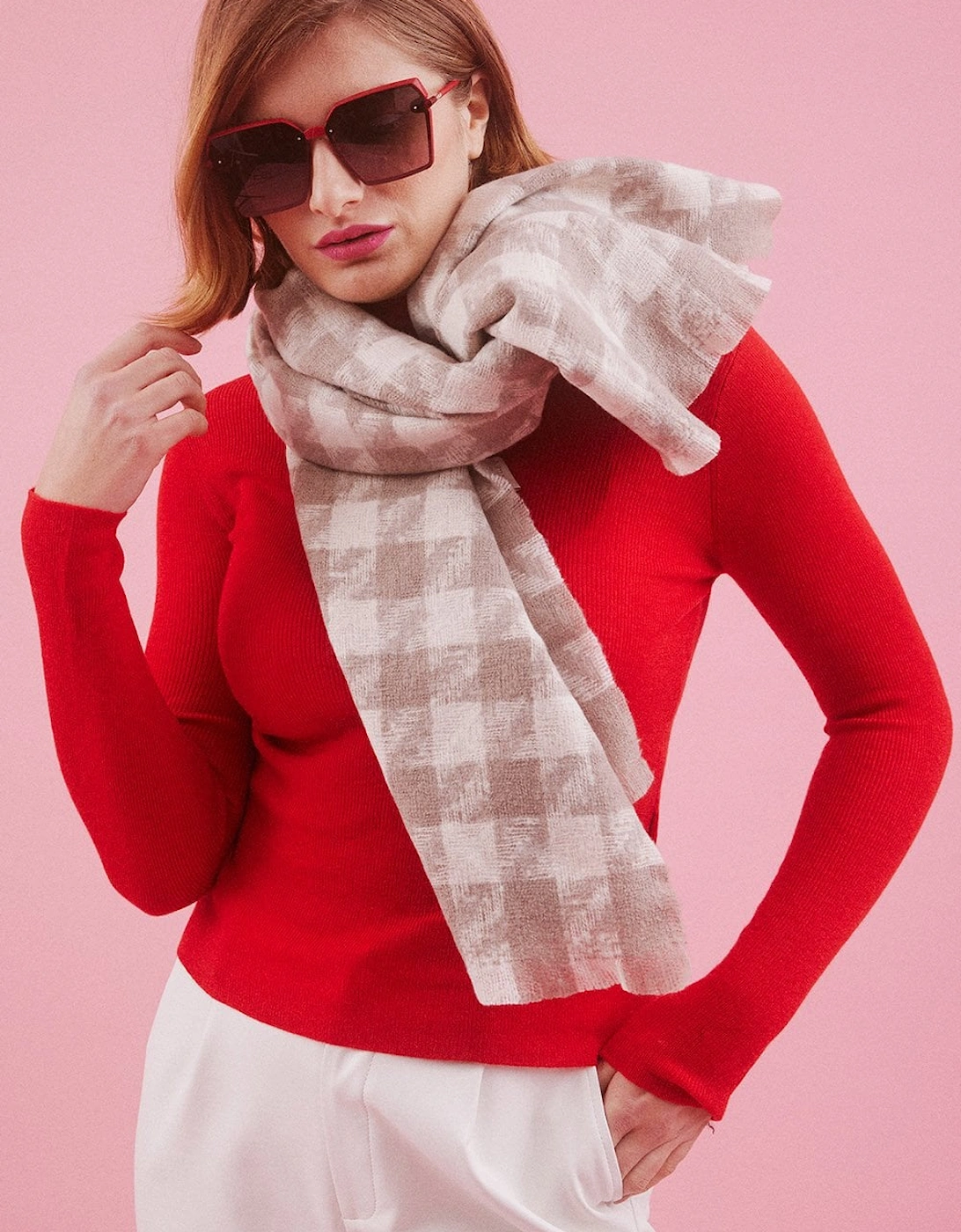 Cashmere Blend Houndstooth Check Wrap