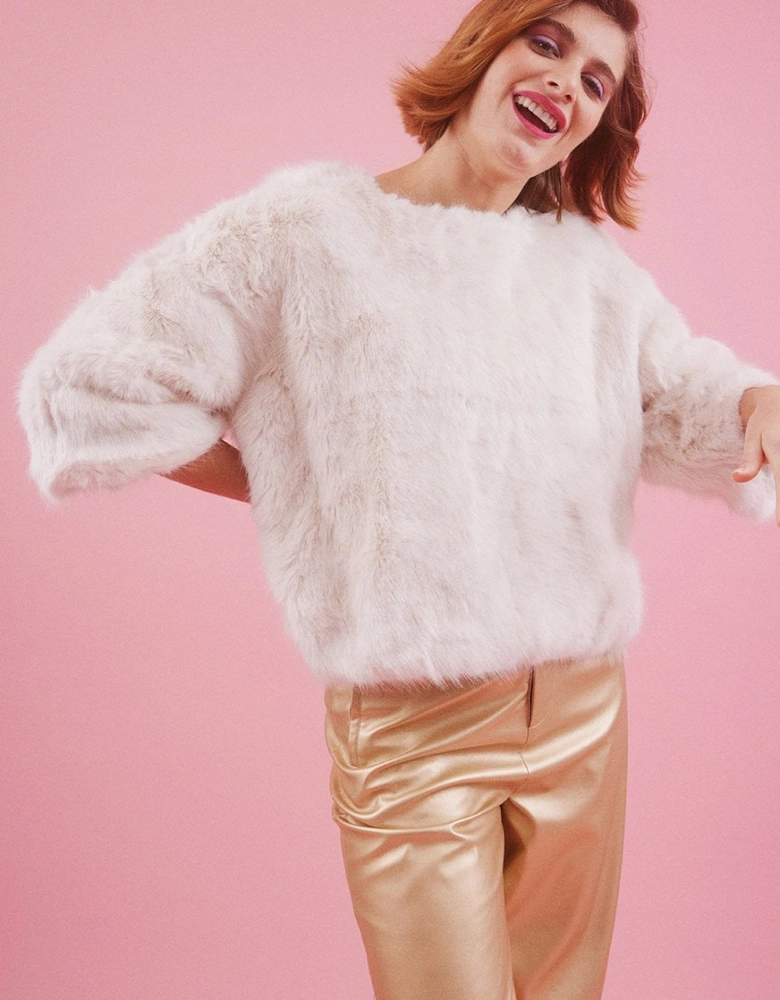 Cream Faux Fur Cropped Sleeve Jumper