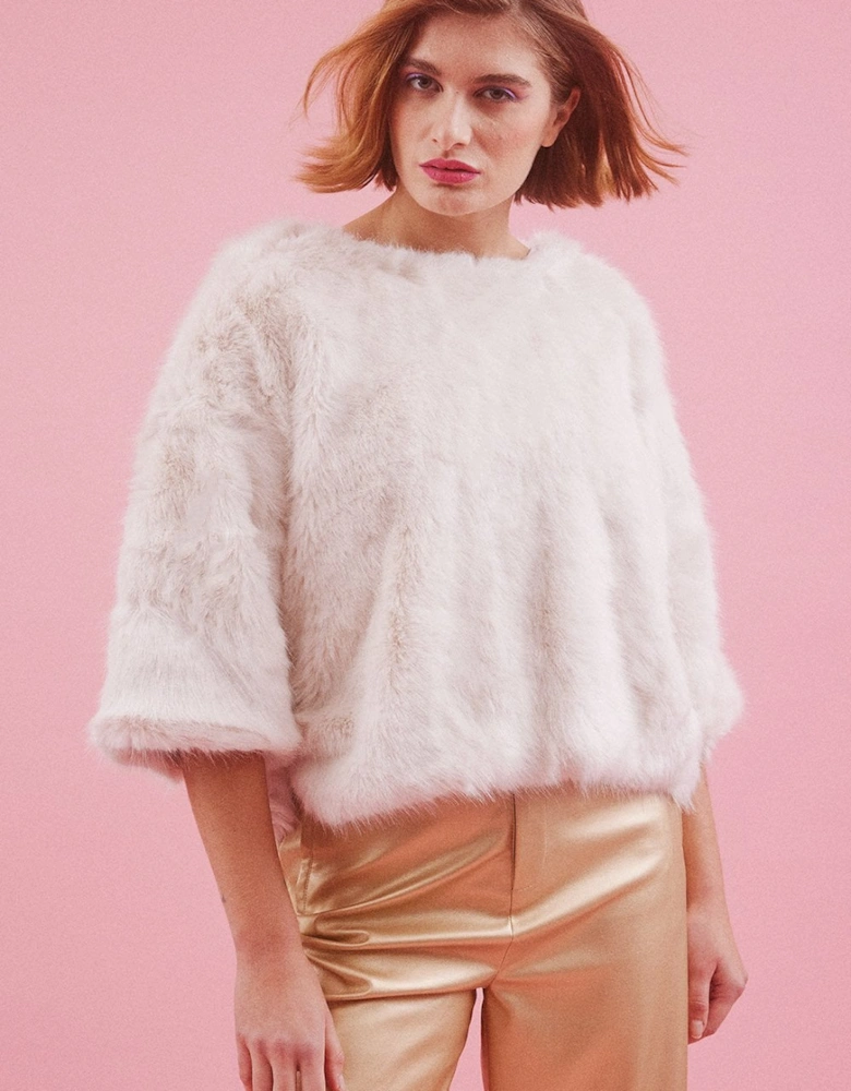 Cream Faux Fur Cropped Sleeve Jumper