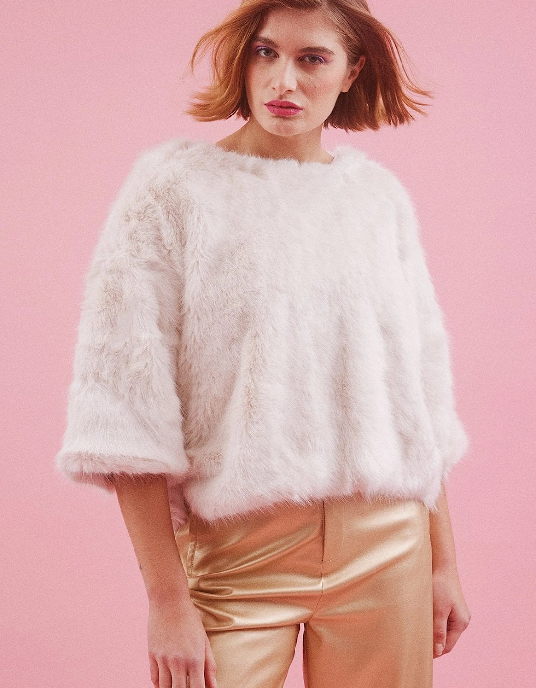 Cream Faux Fur Cropped Sleeve Jumper, 5 of 4