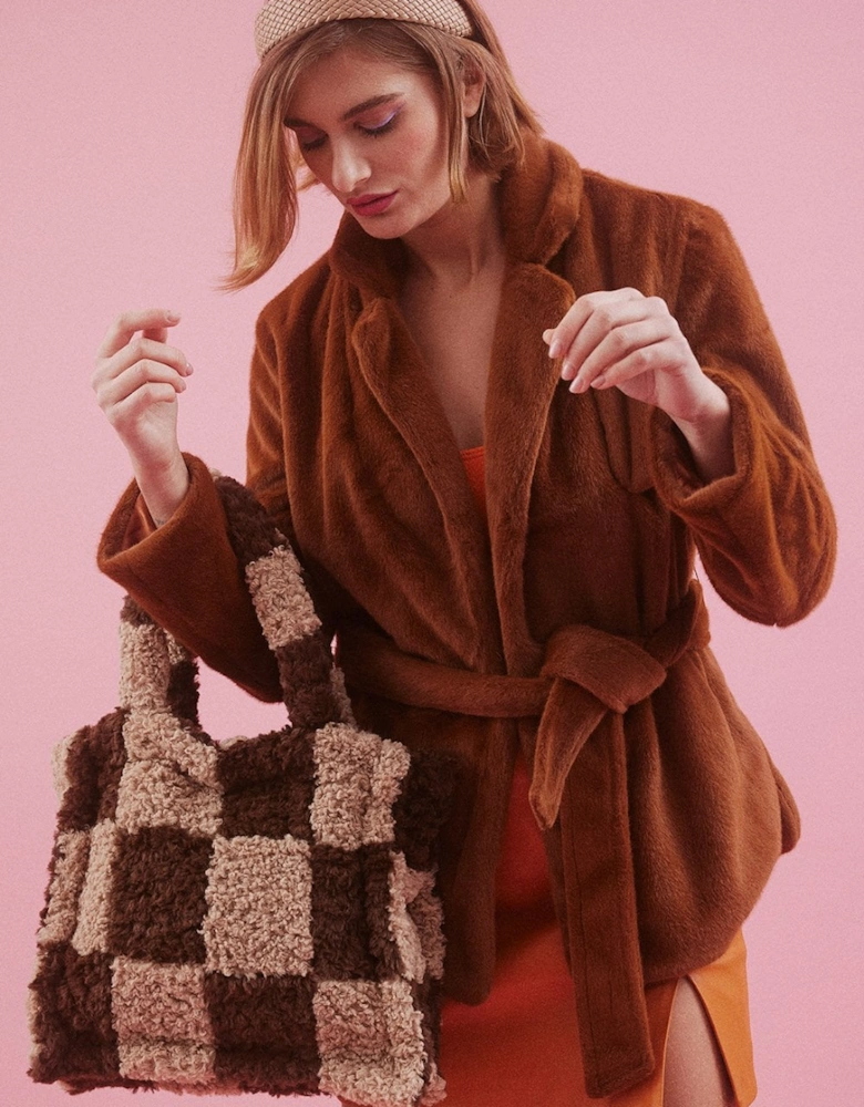 Shearling Checkered Tote Bag in Brown