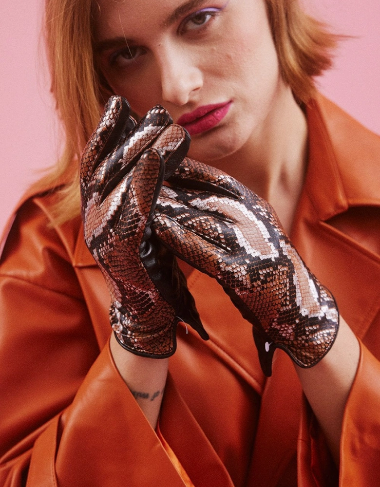 Brown Luxe Leather Snake Print Gloves