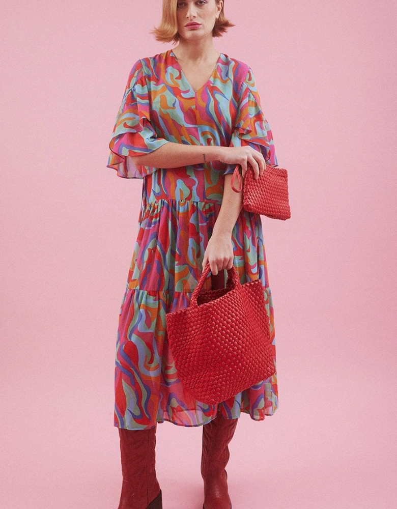 Red Hand Knitted Leather Tote Bag with Matching Purse