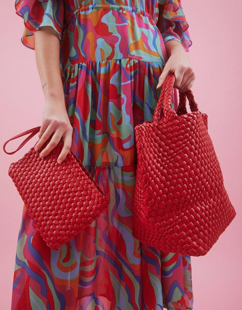 Red Hand Knitted ECO Leather Tote Bag with Matching Purse