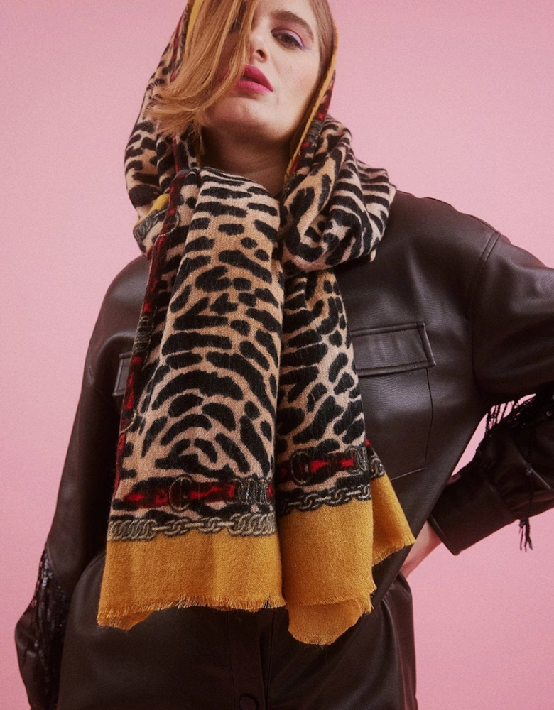 Animal Print Cashmere & Silk Blend Scarf With Animal and Stripe Design