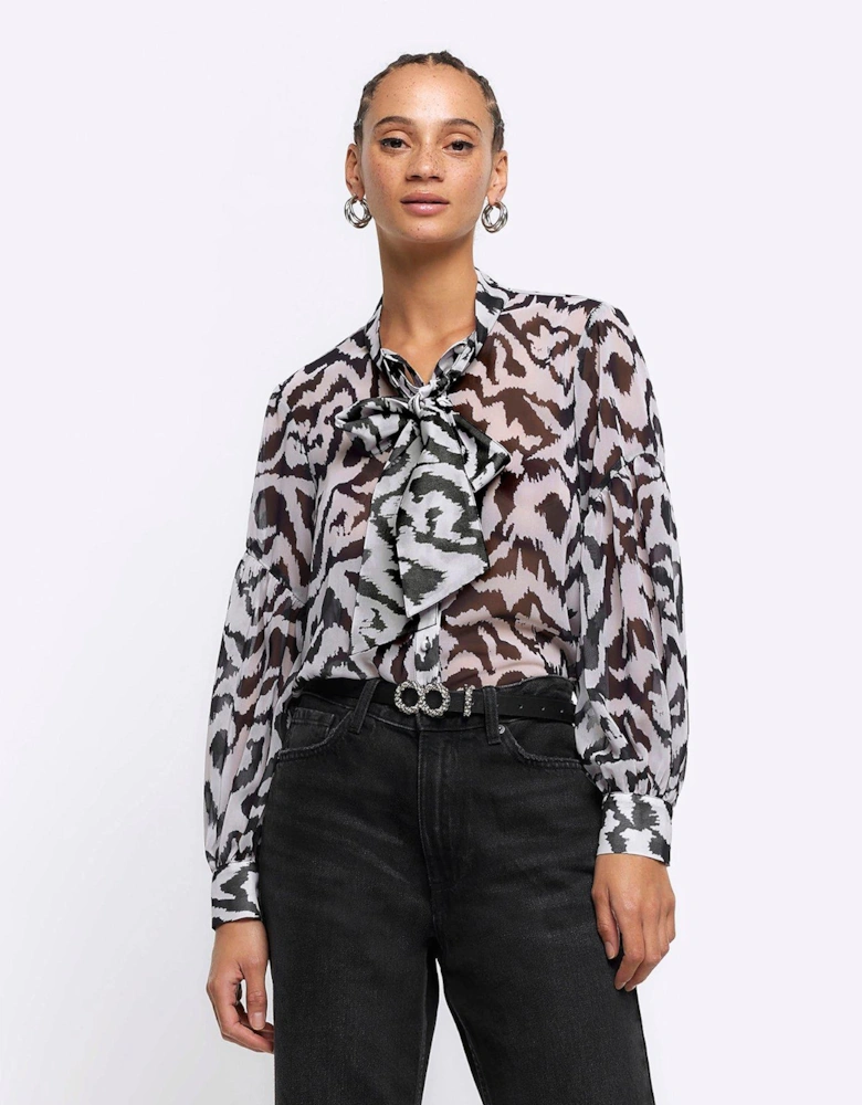 Abstract Pussybow Shirt - Black