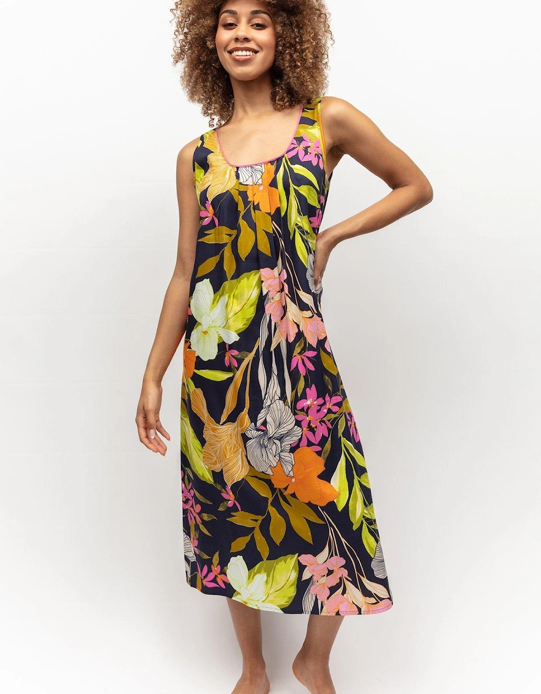 Navy Floral Print Bus Long Nightdress, 2 of 1