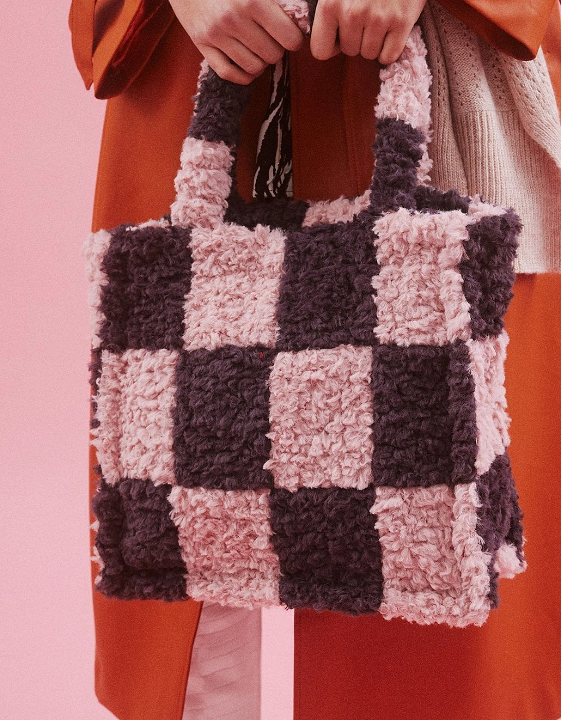 Shearling Checkered Tote Bag in Pink and Purple, 3 of 2