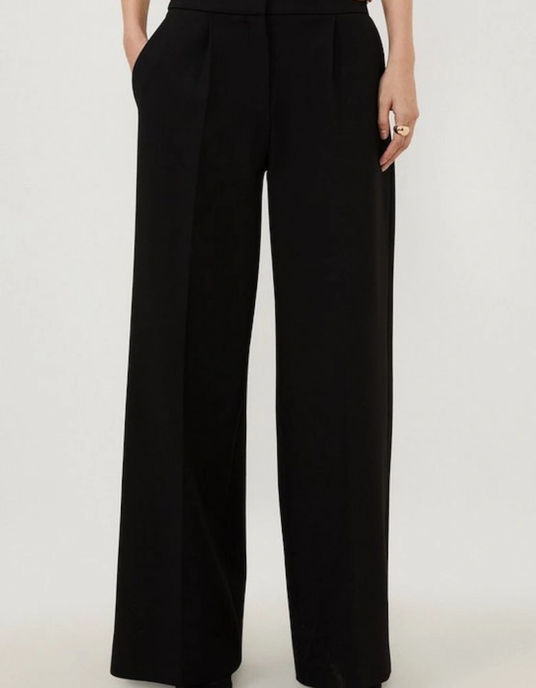 Tailored Compact Stretch Tab Detail Wide Leg Trousers