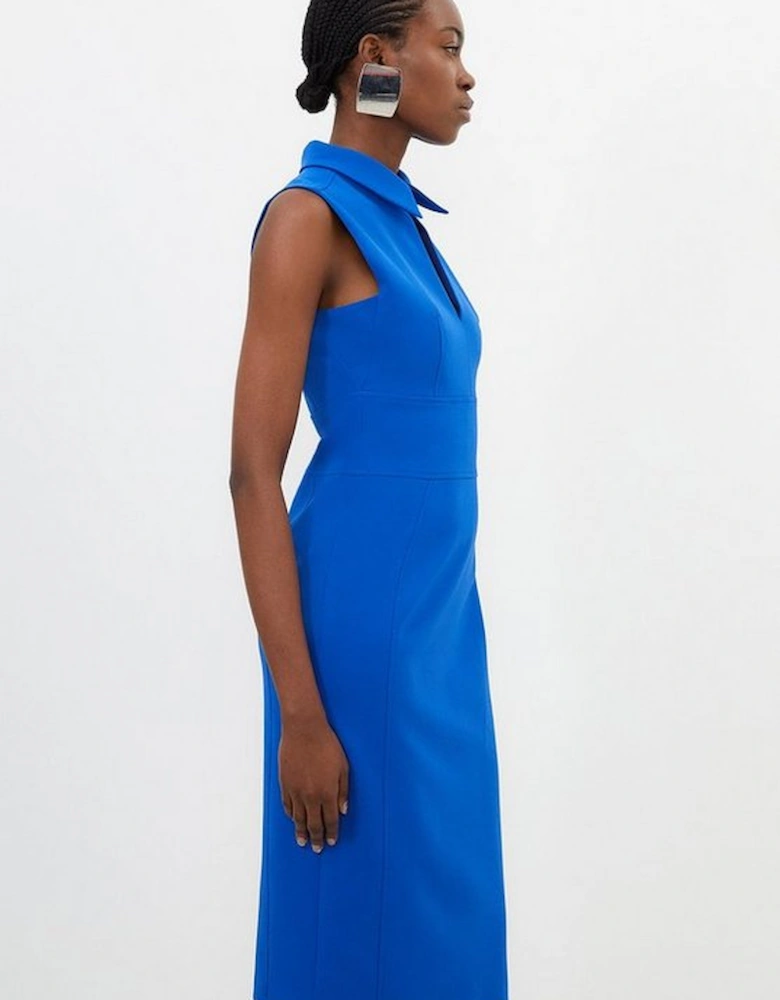 Stretch Crepe Cut Out Detail Collared Tailored Midi Dress