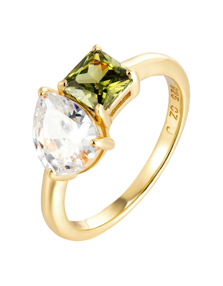 18ct Gold Plated Sterling Silver White and Peridot Toi et Moi CZ Ring