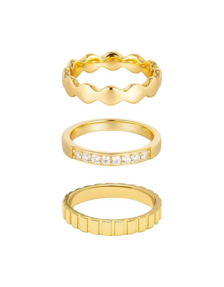 18ct Gold Plated Sterling Silver Set of Three Bobble, CZ and Ribbed Rings