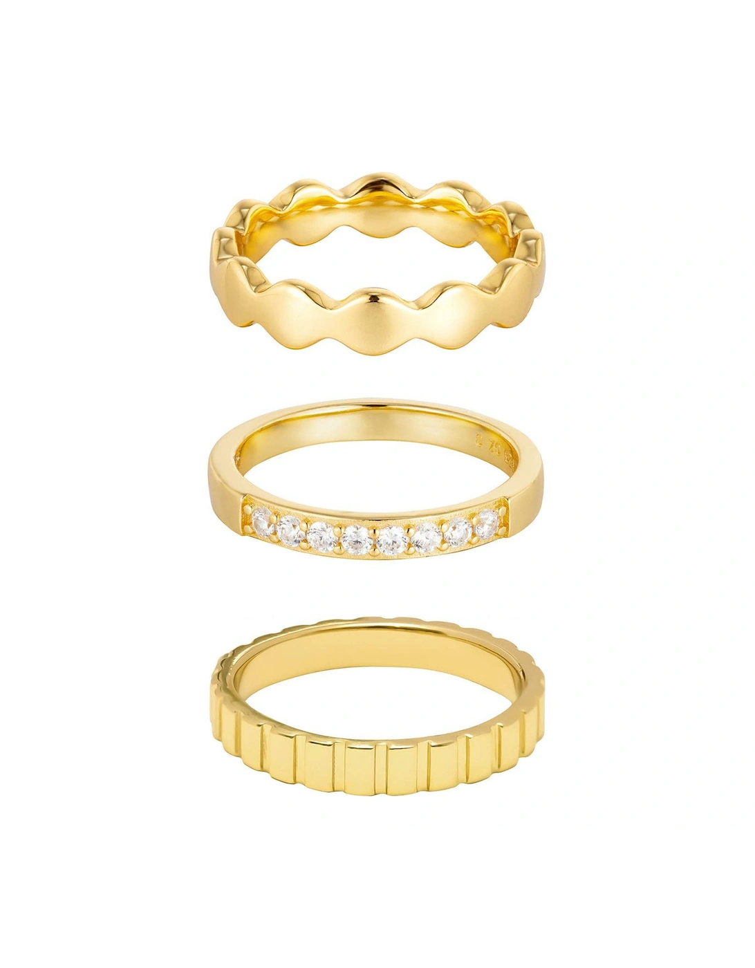 18ct Gold Plated Sterling Silver Set of Three Bobble, CZ and Ribbed Rings, 2 of 1