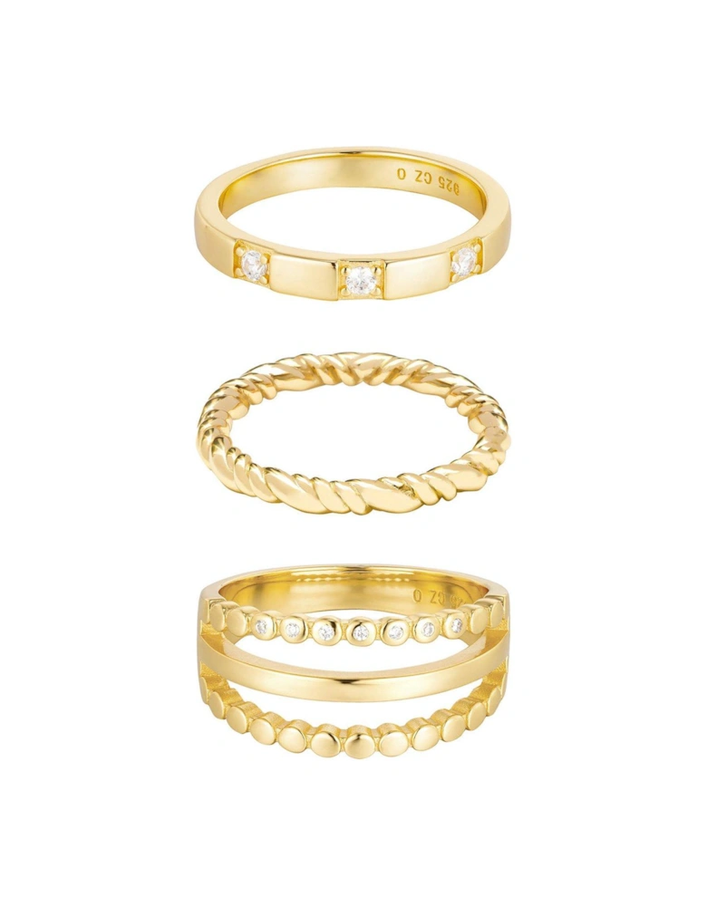 18ct Gold Plated Sterling Silver Set of Three Rope and CZ Stacking Rings