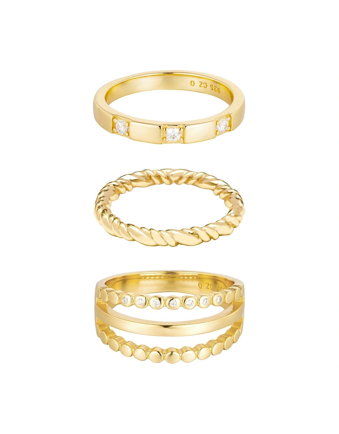 18ct Gold Plated Sterling Silver Set of Three Rope and CZ Stacking Rings, 2 of 1