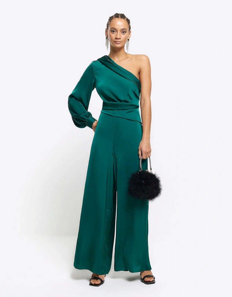 Asymmetric One Shoulder Jumpsuit - Dark Green