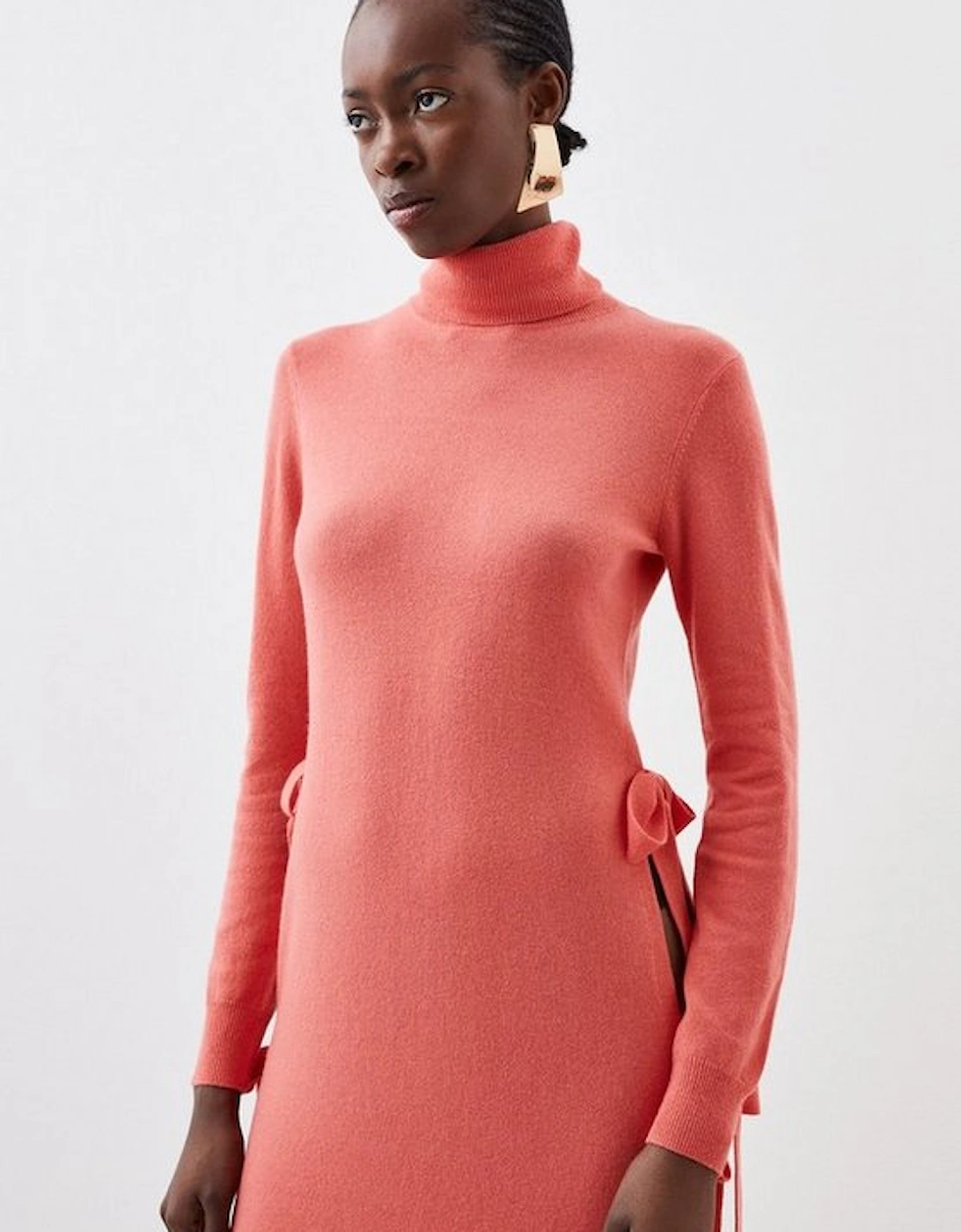 Cashmere Wool Funnel Neck Bow Detail Knit Tunic