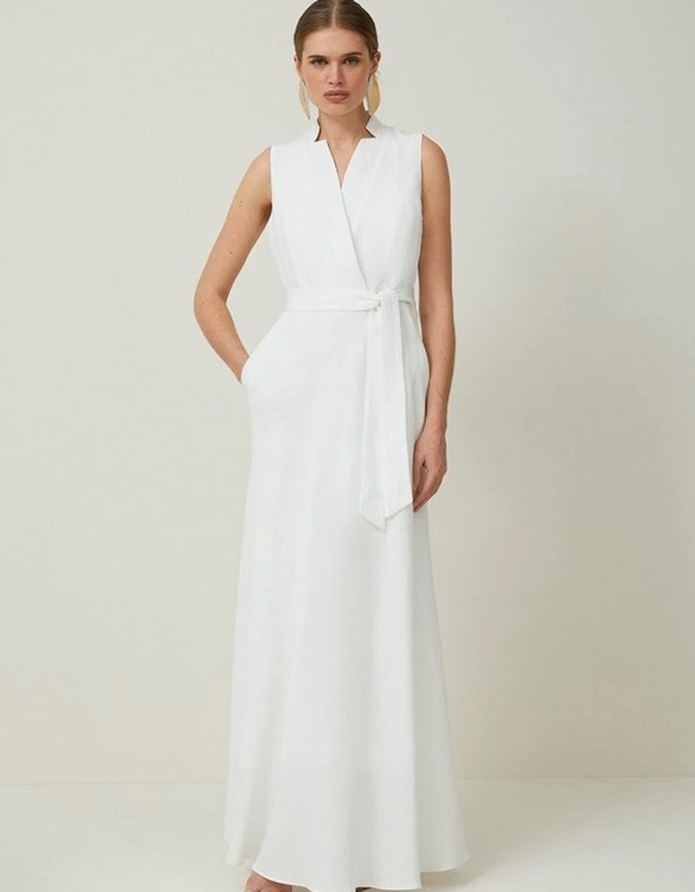 Premium Tailored Linen Notch Neck Belted Midaxi Dress