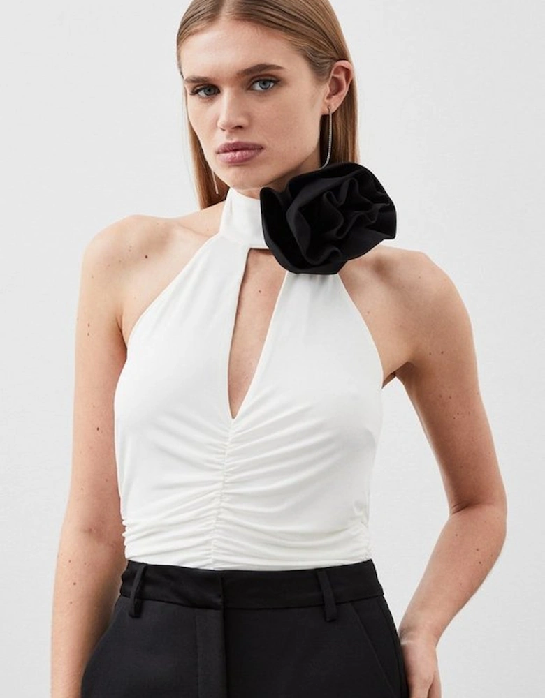 Drapey Ruched Jersey Rosette Bodysuit