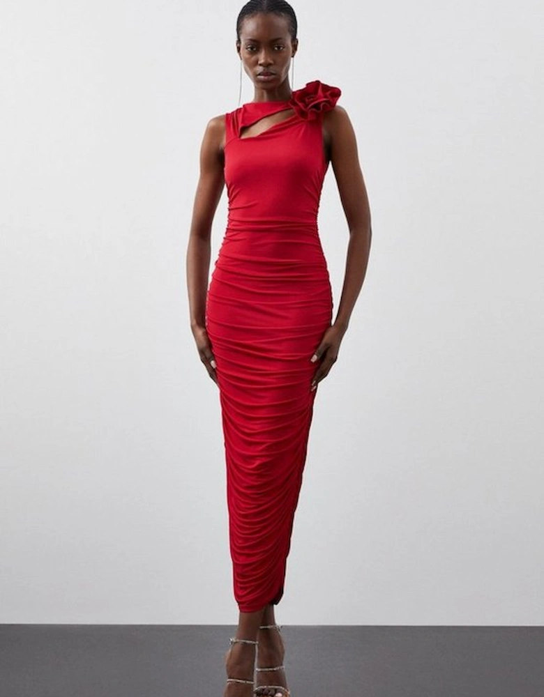 Drapey Ruched Jersey Rosette Maxi Dress