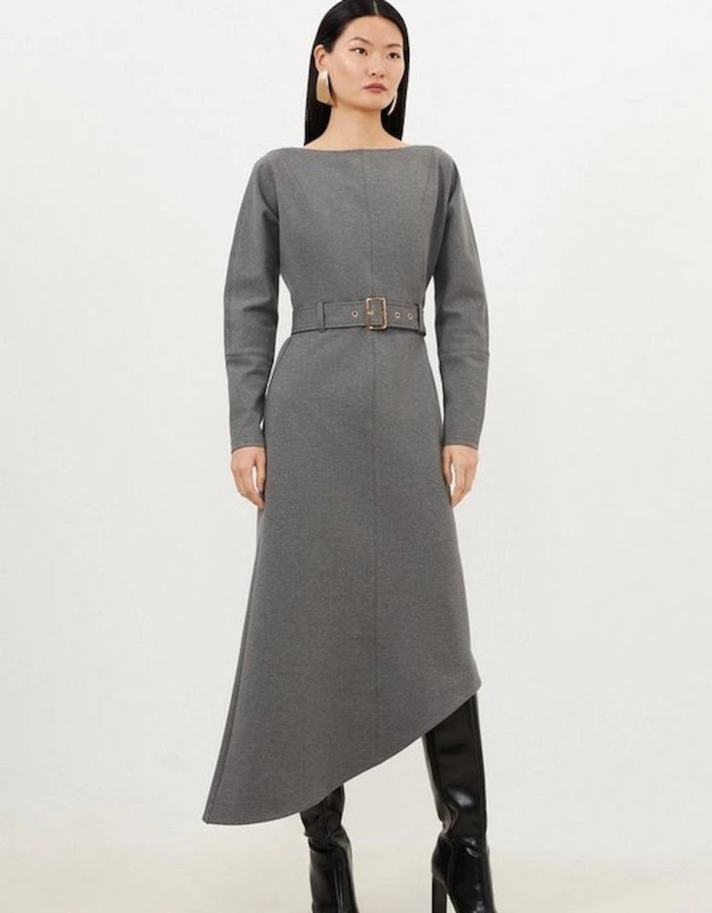 Waterfall Hem Belted Ponte Jersey Maxi Dress