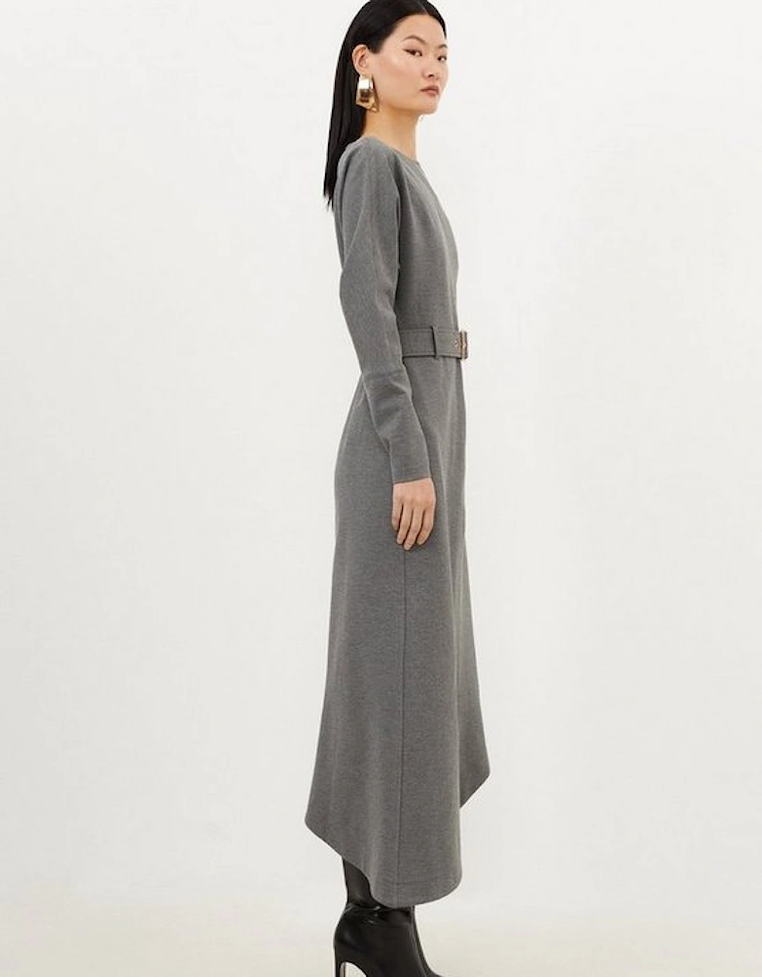 Waterfall Hem Belted Ponte Jersey Maxi Dress