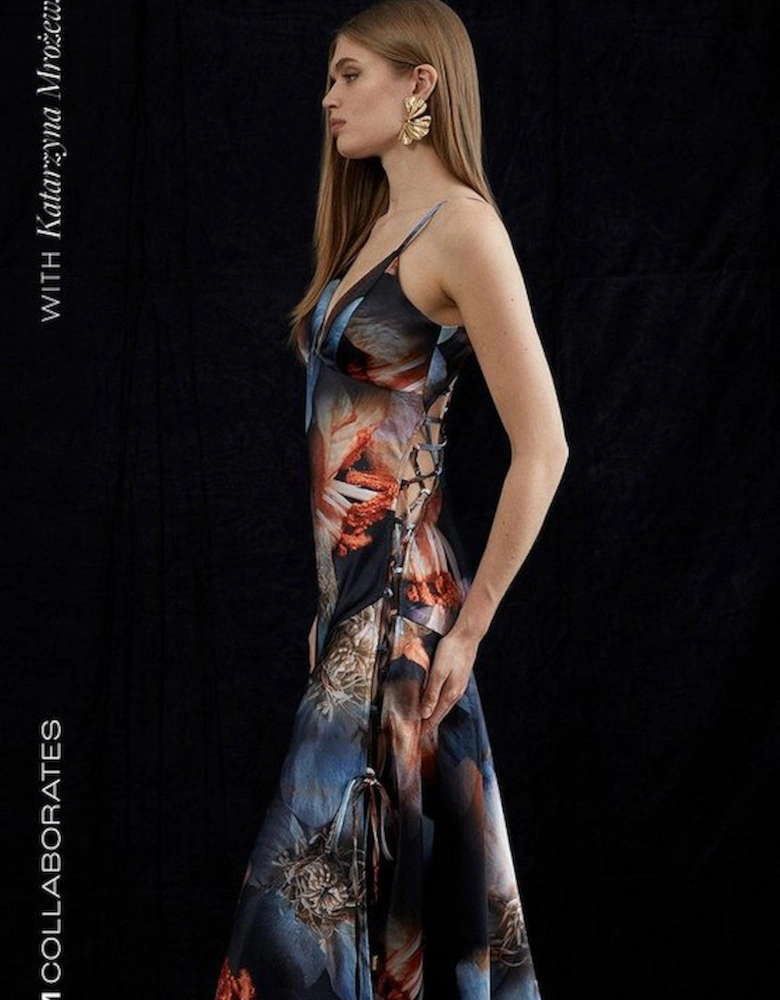 Photographic Floral Woven Satin Tie Detail Maxi Dress