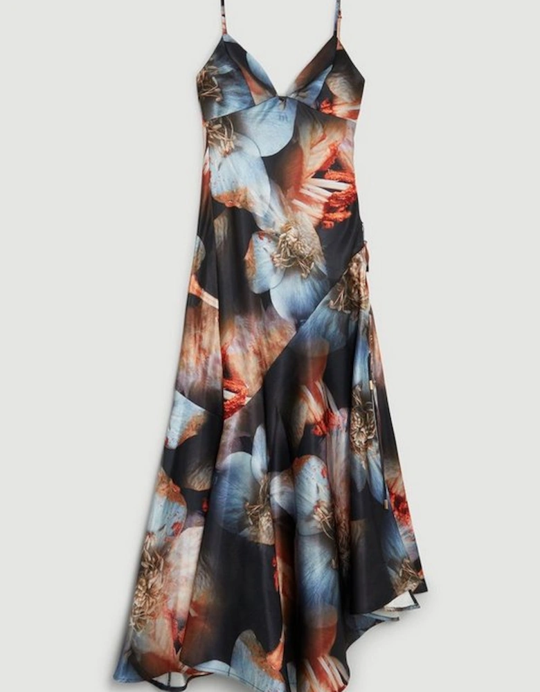 Photographic Floral Woven Satin Tie Detail Maxi Dress