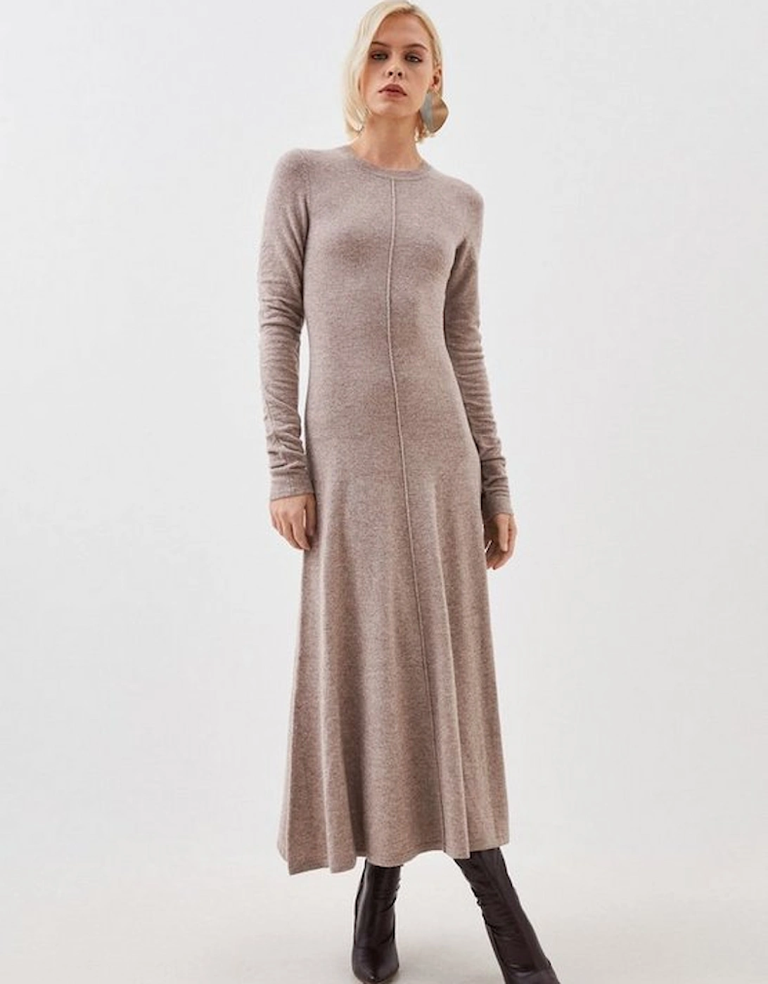 Cashmere Wool Crew Neck Ruched Sleeve Midi Dress, 5 of 4