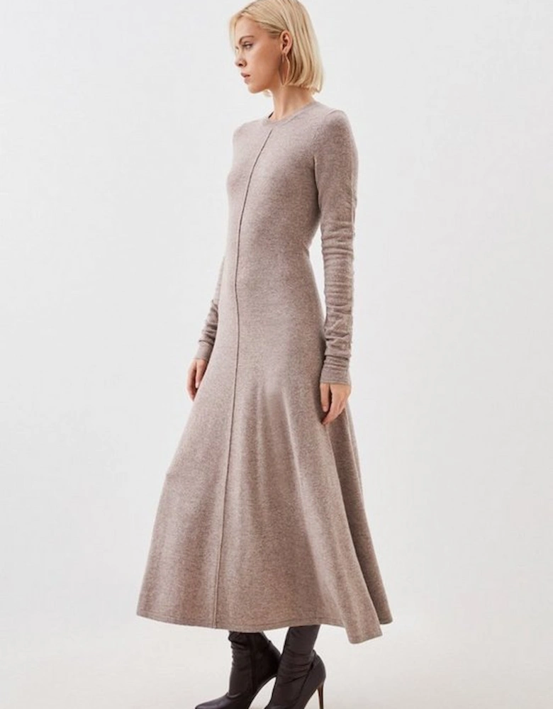 Cashmere Wool Crew Neck Ruched Sleeve Midi Dress