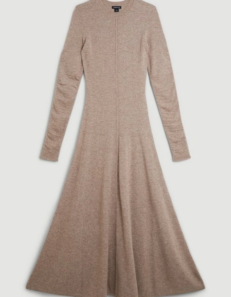 Cashmere Wool Crew Neck Ruched Sleeve Midi Dress