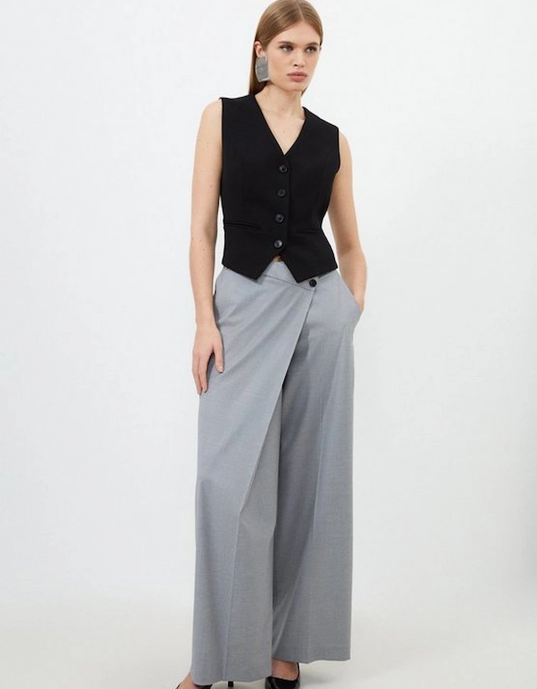 Tailored Wool Blend Wrap Detail Wide Leg Trousers, 5 of 4