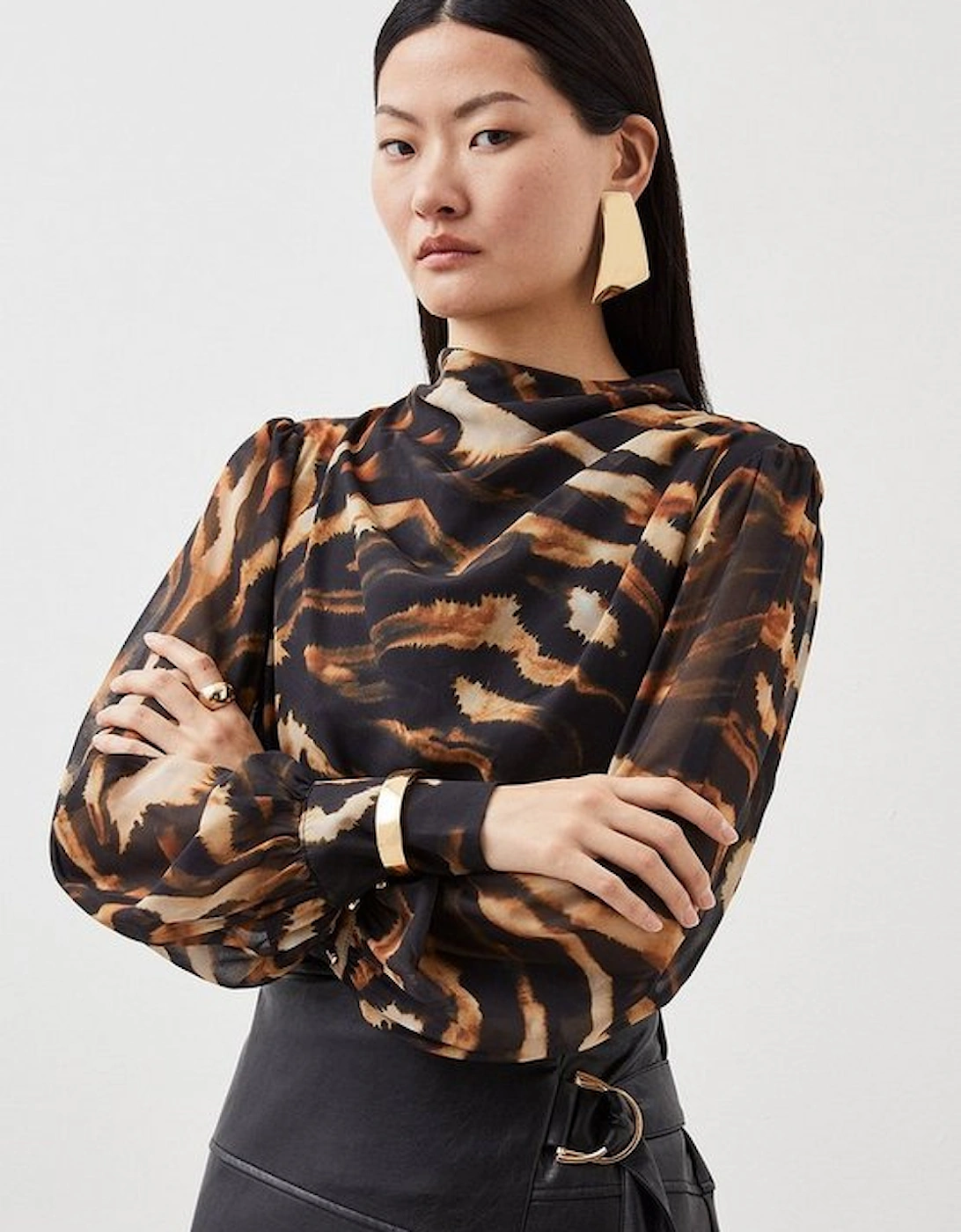Wild Tiger Print Pleated Georgette Woven Blouse