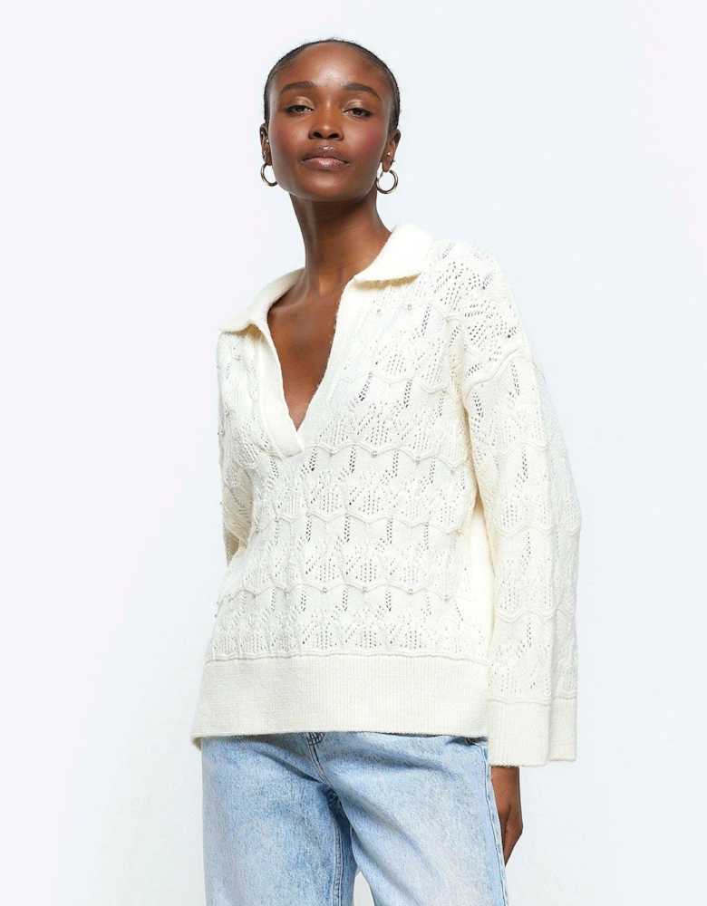 Embelished Crochet Jumper - Cream