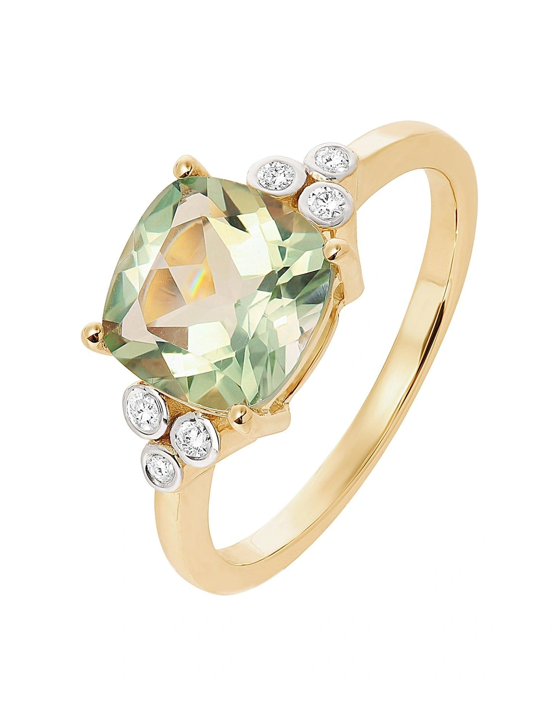 9ct Yellow Gold 8mm Cushion Cut Green Amethyst and Natural Diamond Ring, 2 of 1